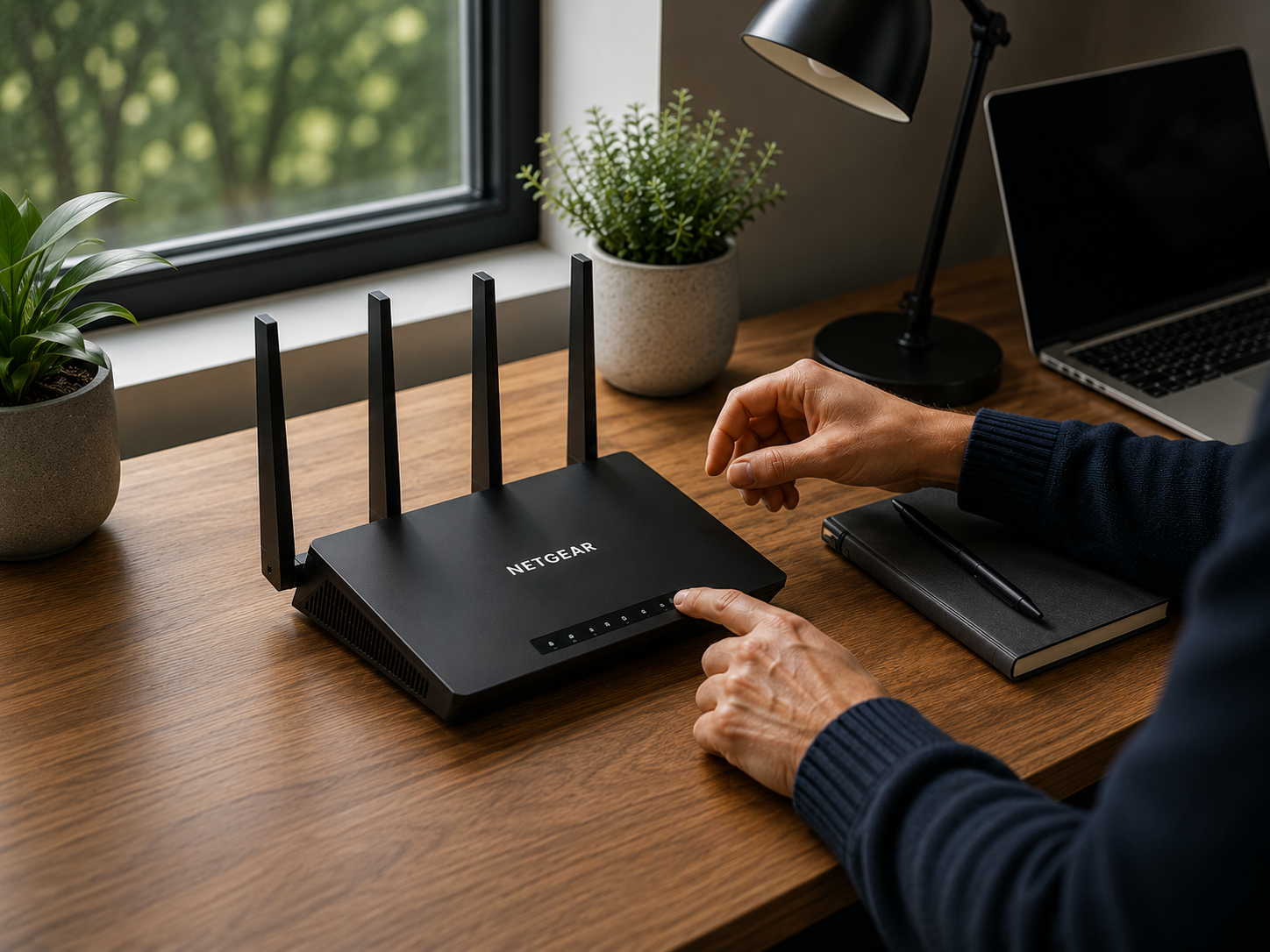 A modern Wi-Fi router on a wooden desk by a sunlit window, being set up by hand.