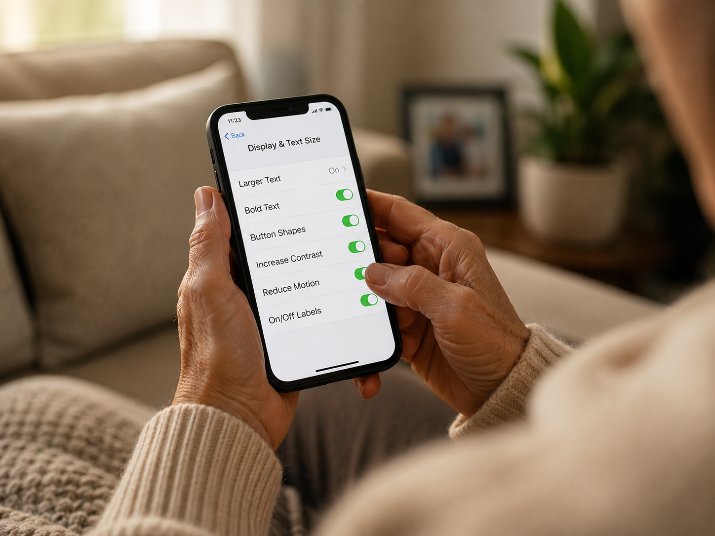 An older person holding an iPhone with the Display & Text Size settings open, sitting on a soft couch.
