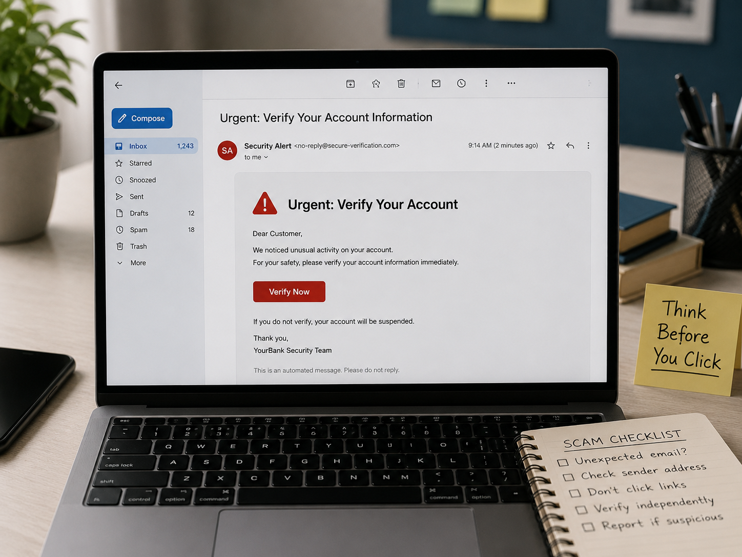 A laptop displaying a suspicious 'Verify Your Account' email beside a handwritten scam checklist on a notepad.