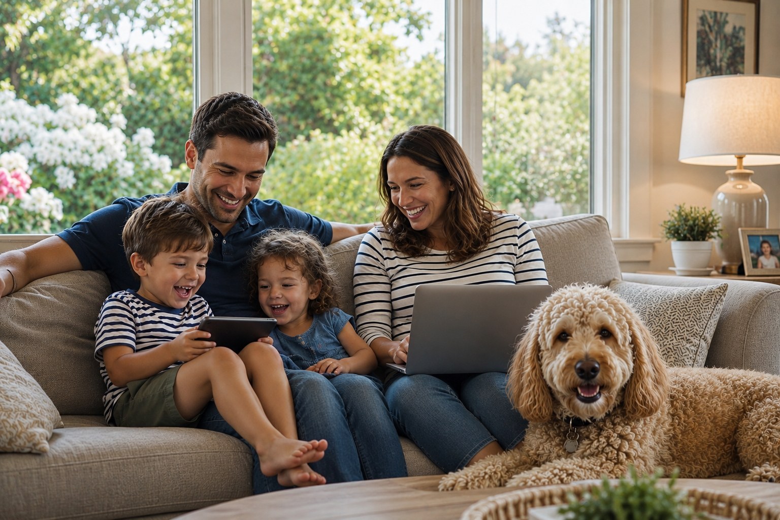 A modern family naturally using phones, tablets and devices together in a sunlit living room