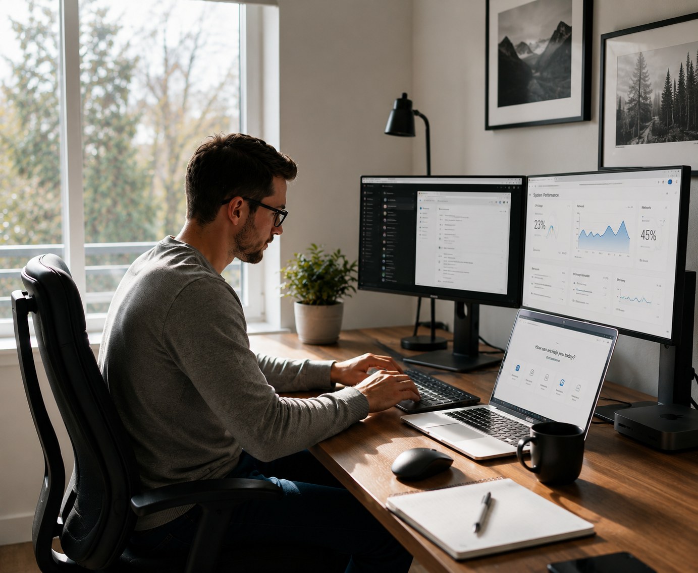 A bright, modern home office with someone working at a wood desk in natural light